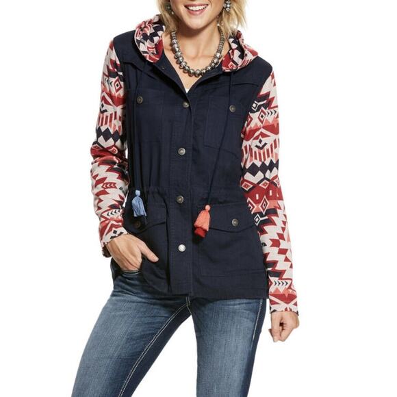 Ariat Jacket Womens SP Santa Fe Aztec‎ Print Trim Hoodie Pockets Tassles Navy - Picture 1 of 16